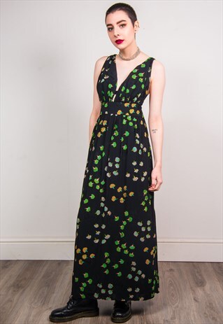 VINTAGE 70'S BLACK FLORAL PATTERN MAXI DRESS