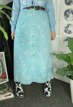 Vintage 90s Blue Cottage Floral Flower Festival Maxi Skirt