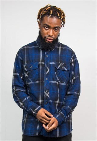 90'S VINTAGE DARK BLUE TARTAN CHECK FLANNEL SHIRT