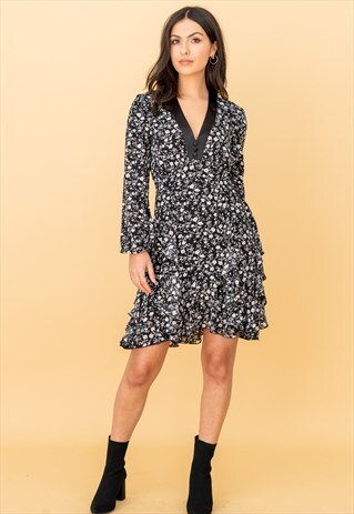 BLACK FLORAL LAYERED DRESS WITH SATIN V-NECK TRIM