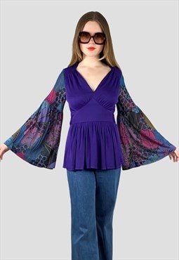 Fink Modell 70's Purple Blouse Top Floral Fluted Sleeves