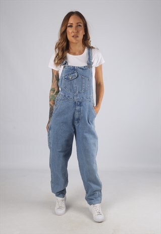 VINTAGE DENIM DUNGAREES NAVY WIDE TAPERED LEG UK 10 (G2H)