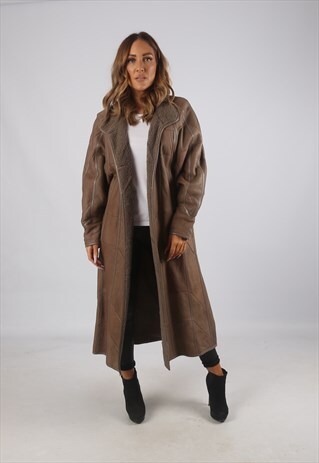 VINTAGE SHEEPSKIN LEATHER SHEARLING COAT LONG UK 14 (J9AM)