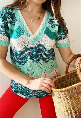 VINTAGE 70S PARISIAN MOD CROCHET HANDMADE KNIT BLOUSE TOP