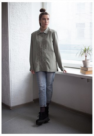 VINTAGE 80'S LIGHT KHAKI BEADED FRONT BLOUSE