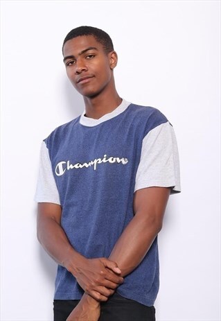 VINTAGE CHAMPION BIG LOGO SPELLOUT T-SHIRT BLUE
