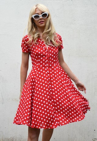 VINTAGE 90S RED & WHITE POLKA DOT SUMMER MINI TEA DRESS