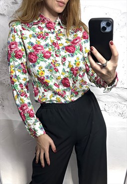 Retro 70s Colorful Floral Cotton Shirt / Blouse 