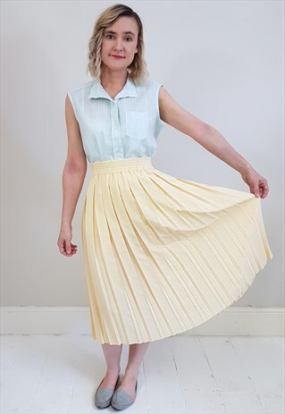 VINTAGE 80'S PALE YELLOW PLEATED MIDI SKIRT
