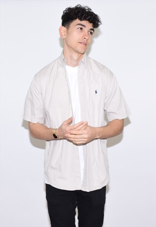 VINTAGE 90S BEIGE GREY RALPH LAUREN SHORT SLEEVE SHIRT