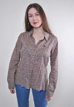 Retro women brown floral print long sleeve boho blouse