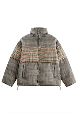 Plaid bomber jacket color block coat checked puffer in brown