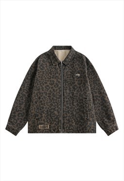 Leopard denim jacket animal print jean bomber cheetah coat