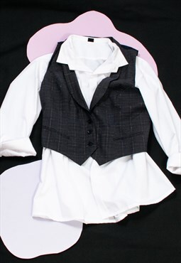 Vintage Preppy Vest Y2K Plaid Waistcoat in Grey