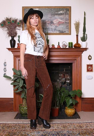 VINTAGE 90S CHESTNUT SUEDE LACE UP FESTIVAL FLARED TROUSERS