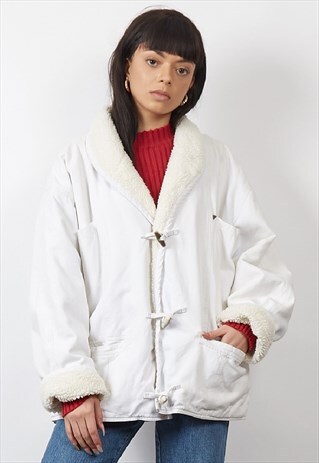 VINTAGE 90'S WHITE DENIM HOODED SHEARLING JACKET