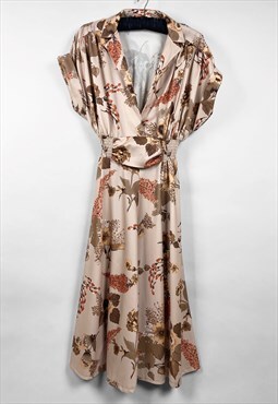 70's Ladies Vintage Dress 40's Style Brown Floral Print Midi