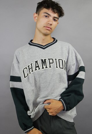 GREY & BLACK V NECK CHAMPION SPELL OUT SWEATSHIRT
