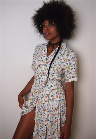 VINTAGE WHITE FLORAL MULTI PRINT PLEATED DRESS