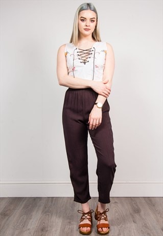 VINTAGE BROWN FINE CHECK PATTERN LOOSE FIT TROUSERS