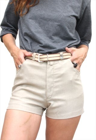 BEIGE 70S MINI SHORTS PREPPY SHORTS HIGH WAIST TIGHT SHORTS