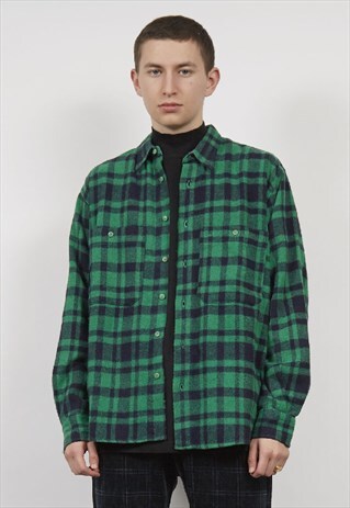 VINTAGE 80'S GREEN CHECK FLANNEL SHIRT JACKET