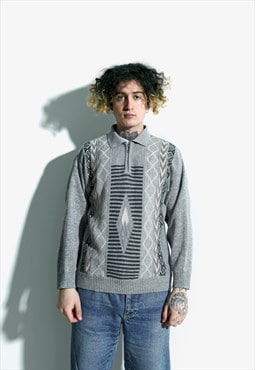 90s retro polo sweater grey men vintage patterned jumper 80s