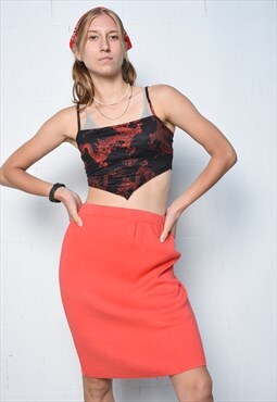 Vintage 80s classic a-line knitted coral pencil midi skirt