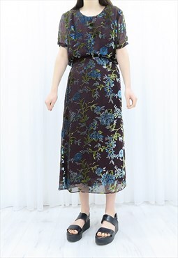 90s Vintage Floral Velvet Blouse & Skirt Co-ord Set