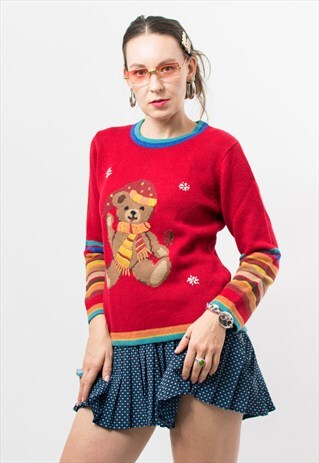 VINTAGE 90'S TEDDY BEAR SWEATER EMBROIDERED PULLOVER