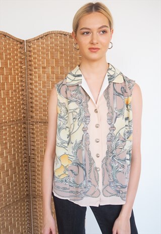 VINTAGE PATTERNED BUTTON UP SLEEVELESS BLOUSE