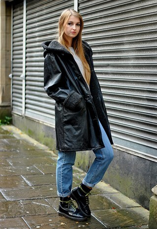 VINTAGE 80S LEATHER SHEARLING HOODED COAT