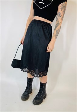 Vintage 90s 00s Y2K Grunge Satin Black Midi Skirt