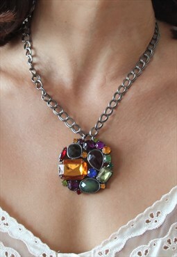 Deadstock multi color crystals chain pandant necklace.