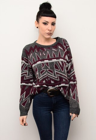 VINTAGE 90'S RETRO ABSTRACT PATTERNED CHUNKY JUMPER