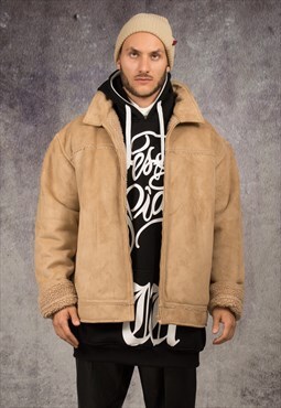 90s bomber or sherpa jacket made of faux leather in beige 