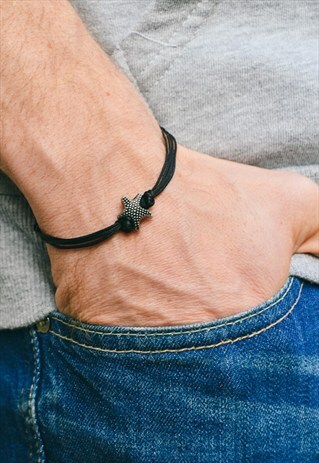 STARFISH BRACELET FOR MEN, SILVER SEA STAR, BLACK CORD, GIFT