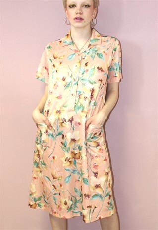 CUTE VINTAGE 1960'S PEACH FLORAL PRINT FESTIVAL BOHO DRESS