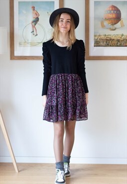Black top and floral bottom dress