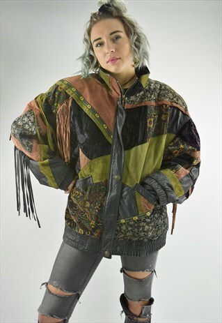 STUNNING VINTAGE PATCHWORK SUEDE AND LEATHER FRINGED BOMBER