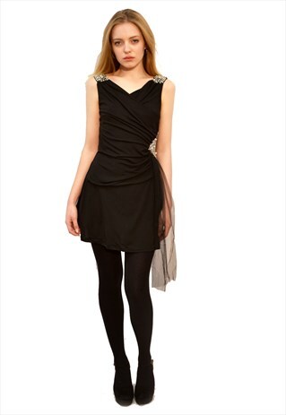CRYSTAL EMBELLISHED SHOULDER AND WAIST PARTY DRESS IN BLACK