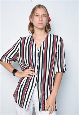 Vintage 80s DERBY OF SWEDEN stripes v-neck blouse shirt top 