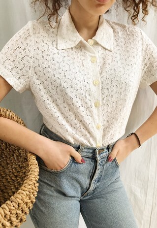 VINTAGE 90S SEXY LACE GUIPURE FLORAL SHEER BLOUSE CROP TOP