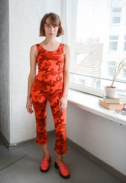 Vintage 70's Red/Orange Abstract Print Stretchy Jumpsuit