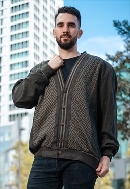 Vintage90s Geometric Pattern Cardigan Bomber Jacket in Brown