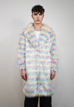 Striped faux fur coat longline pastel stripe carnival jacket