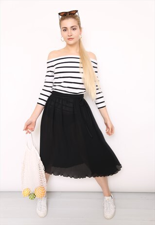 VINTAGE 90S BLACK PLEATED WRAP MIDI SKIRT