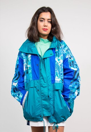 90'S RETRO BLUE CRAZY PATTERN CAGOULE JACKET COAT