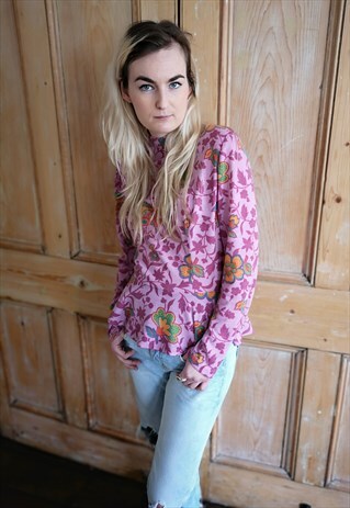 VINTAGE 70'S PINK PEPLUM FLORAL LONGSLEEVED TOP