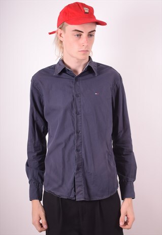 TOMMY HILFIGER MENS VINTAGE SHIRT MEDIUM NAVY BLUE 90S